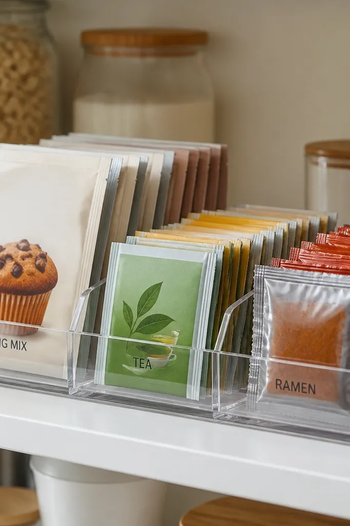 A clear organizer holding packets with slanted tab labels
