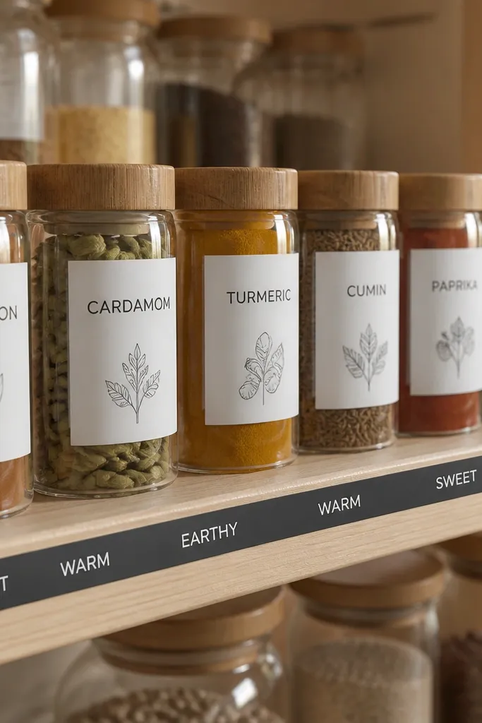 Spice jars with magnetic label strips aligned along a shelf edge