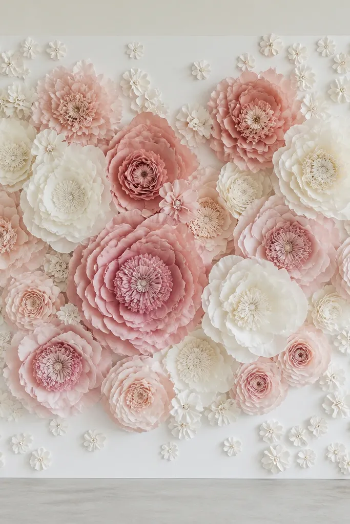 A full backdrop made from connected white foam boards taped into a rectangle. Tissue paper flowers in blush, dusty rose, and cream cluster in the center, with smaller white blossoms filling the edges. The surface is flat with no visible wall texture.