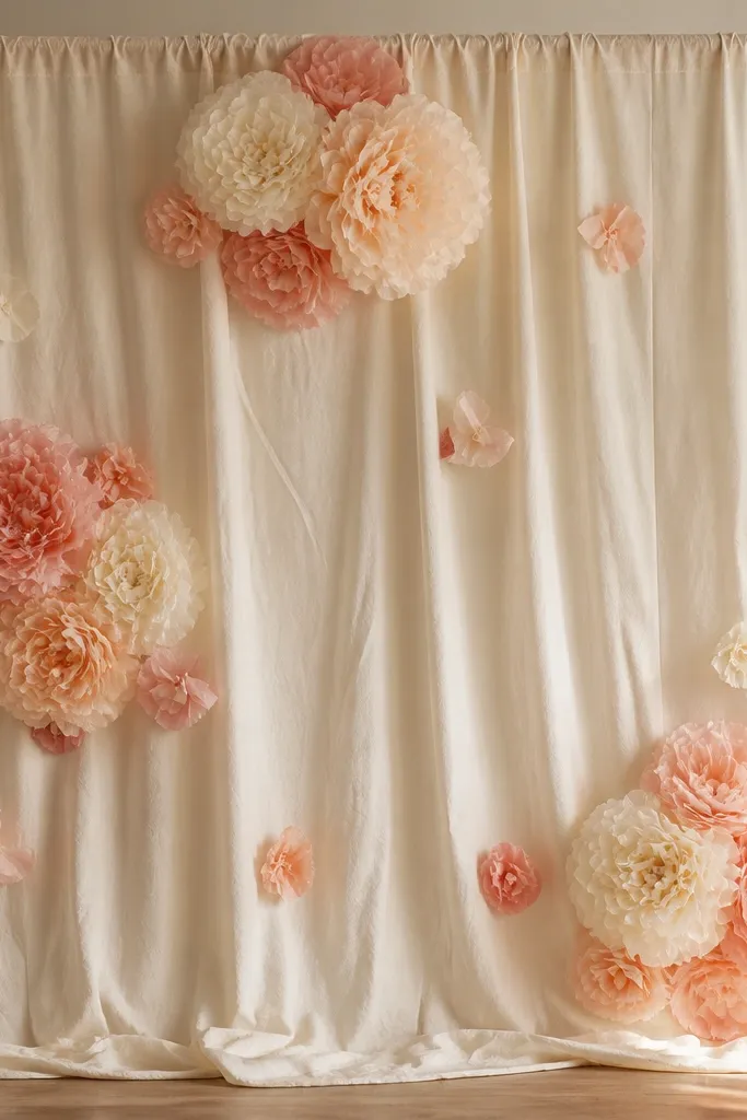 A cream muslin fabric curtain hung on a tension rod. Tissue paper flowers are clustered in three main groups: top center, mid left, and lower right, with loose petals tucked into the folds. The fabric has soft wrinkles that catch light.