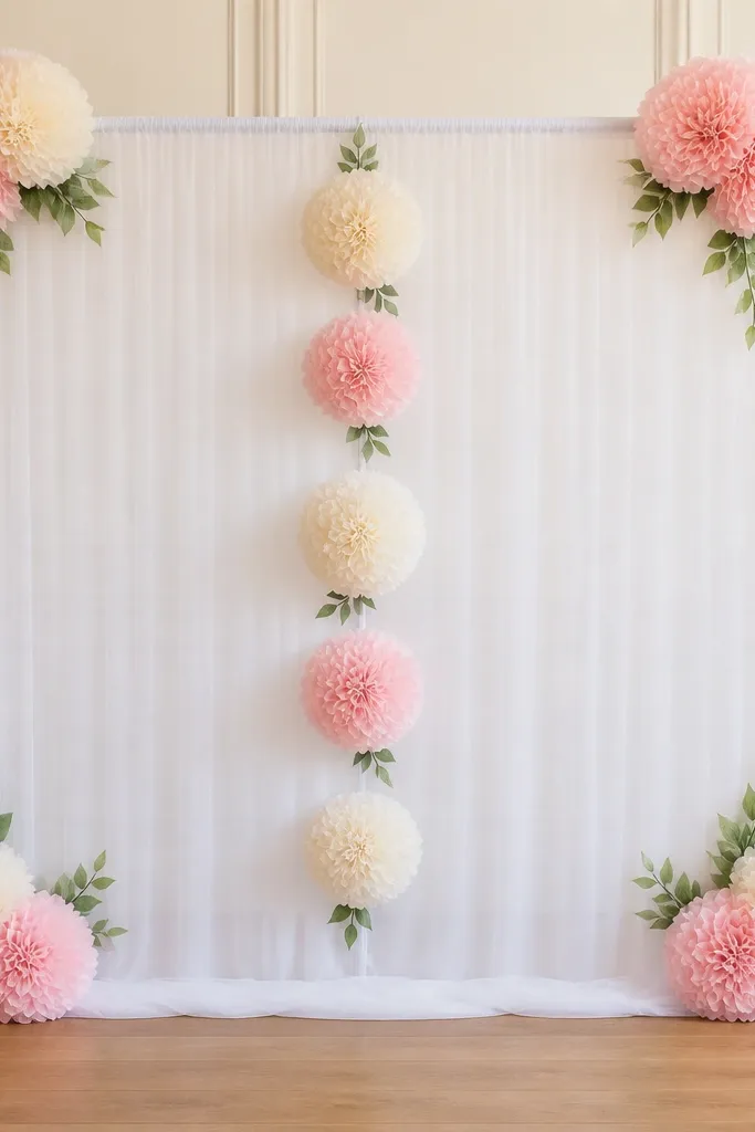A rectangular grid frame made from white PVC pipes covered with a sheer white backing. Tissue paper flowers sit in the four corners and along the center vertical strip. The flowers look evenly spaced with clean edges.