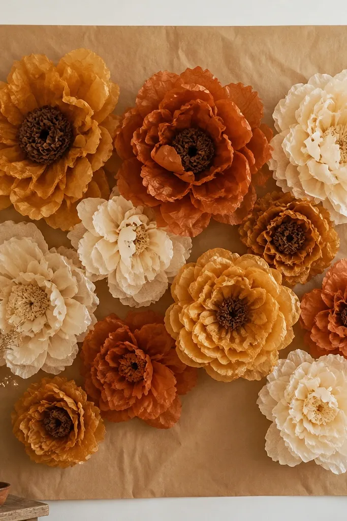 Brown kraft paper taped flat to a wall. Tissue paper flowers are layered in amber, burnt orange, and cream, with a few deep brown centers. The overall look is warm and rustic.