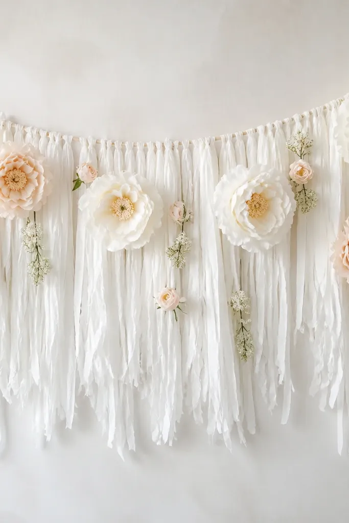 A row of white tissue fringe garlands hangs across a wall like a waterfall. Tissue flowers are attached at intervals, with small buds tucked between fringe strands. The fringe creates movement and a soft halo behind petals.