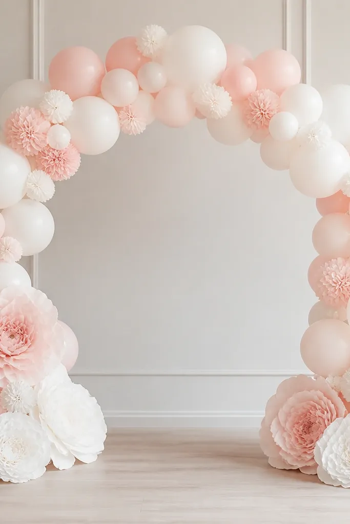 A balloon arch made of white and blush balloons forms a half-circle frame. Tissue paper flowers are attached at the base and on the sides, with small tissue pom-poms filling gaps. The balloons create a soft frame around the flowers.