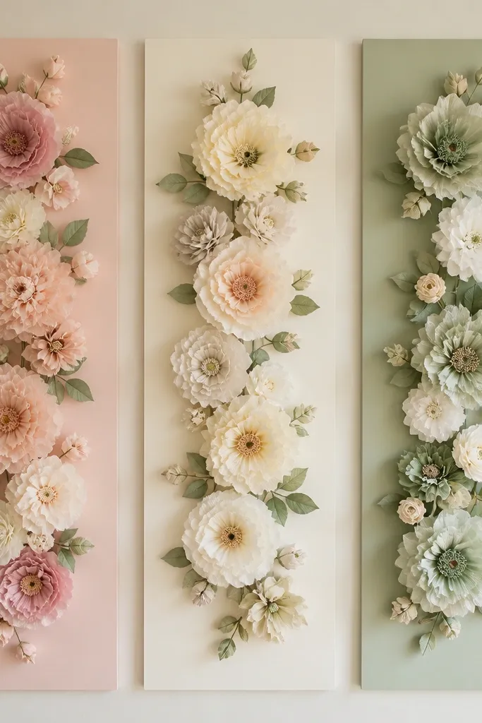 Three vertical panels on a wall: blush, cream, and sage. Tissue flowers are arranged in vertical columns on each panel, with leaves and small buds filling gaps. Clean straight edges make it look graphic.