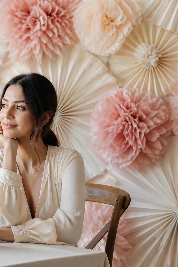 Large paper fans in off-white and pale pink cover most of the wall. Tissue flowers are layered on top like stickers, with a few small fans peeking between blossoms. The fans create a striped, dimensional background.