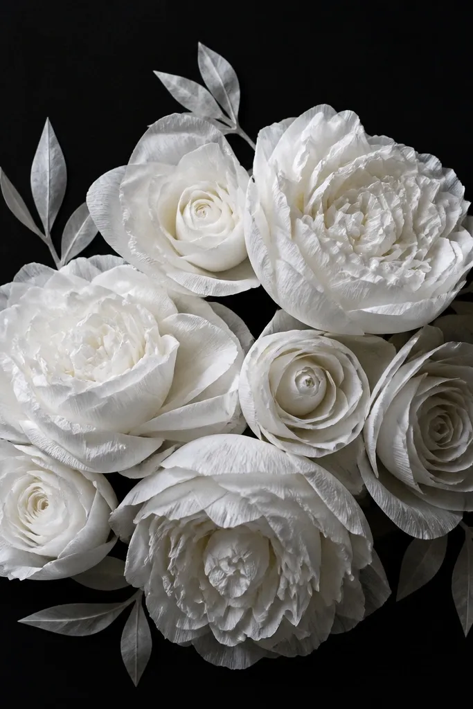A matte black fabric or board backdrop. White tissue paper roses and peony-style flowers are arranged in a tight cluster, with a few silver-gray tissue leaves. The flowers look high-contrast and dramatic.