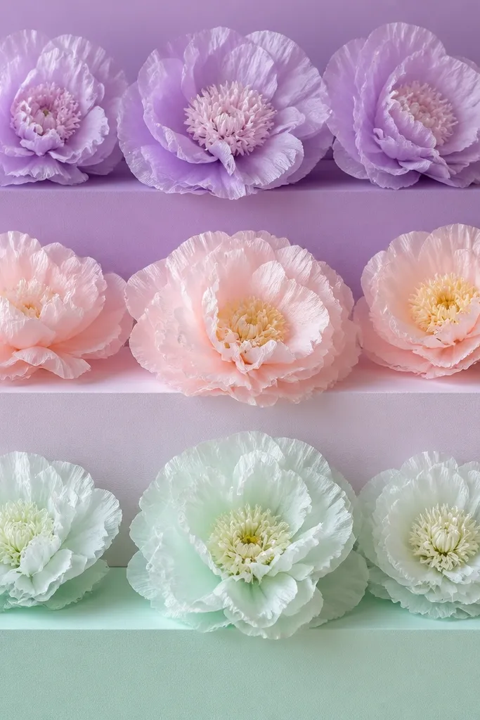 A layered backdrop with three horizontal tiers fading from lavender at the top to mint at the bottom. Tissue flowers sit on each tier, like shelves, with small buds filling the corners. The tiers create a ladder silhouette behind the blooms.