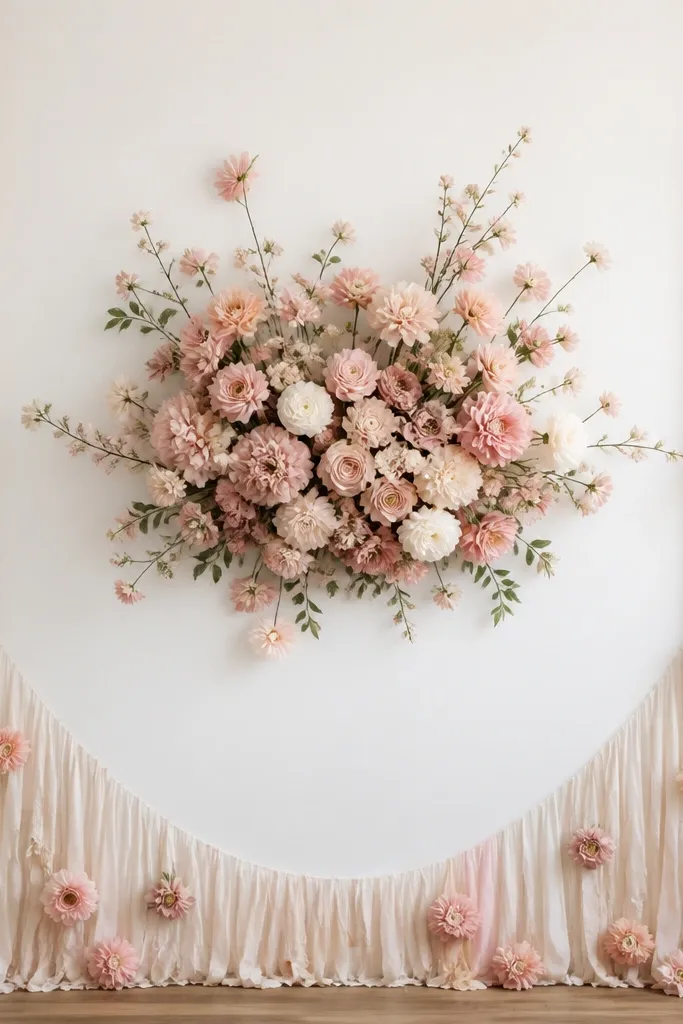 A simple white wall with a fringe border made from tissue strips along the bottom and sides. A dense center bouquet of blush and cream flowers sits in the middle, with smaller blossoms scattered around the fringe.