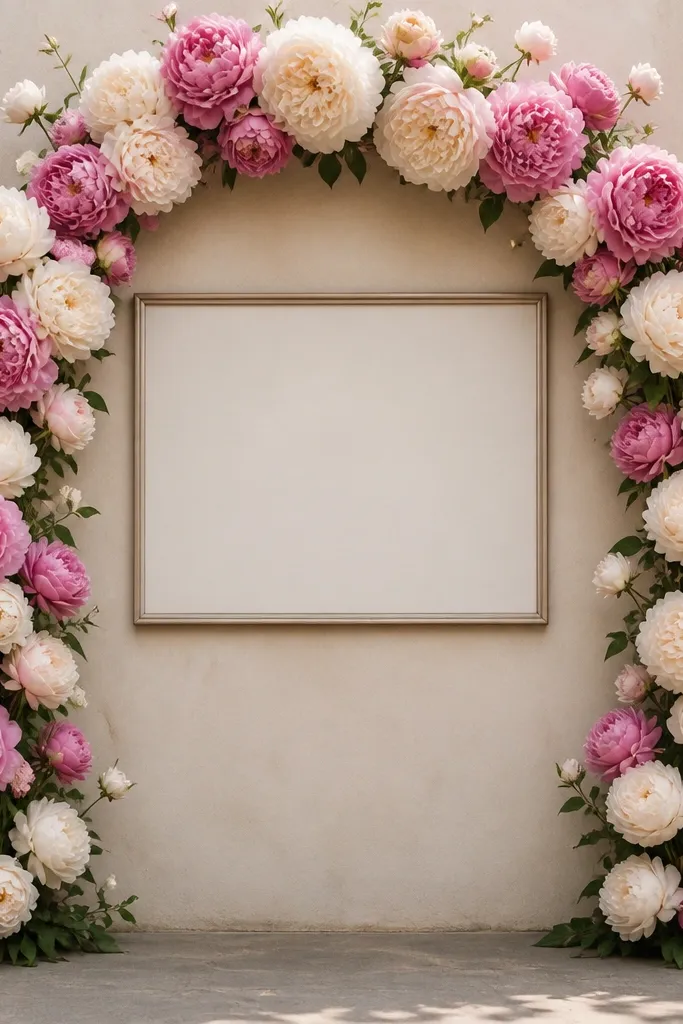 A rectangular signboard centered on a wall with an arch formed by tissue peonies in cream and rose. The arch rises like a doorway, with a few smaller blossoms climbing upward along the sides. The signboard stays visible behind the flowers.