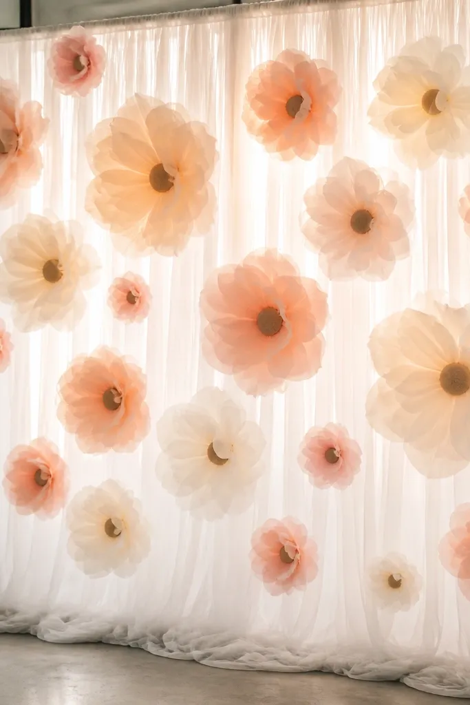 A white tulle panel hung like a backdrop. Tissue paper flowers are attached with their center disks visible, while petals sit slightly in front of the tulle so they look layered. Light behind the tulle makes it glow softly.
