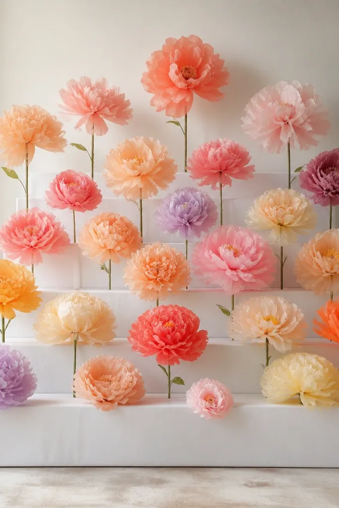 A stepped backdrop made from cardboard boxes covered with white paper. Tissue flowers sit on each step, creating a staircase effect from bottom to top. The tallest flowers are in the back row.