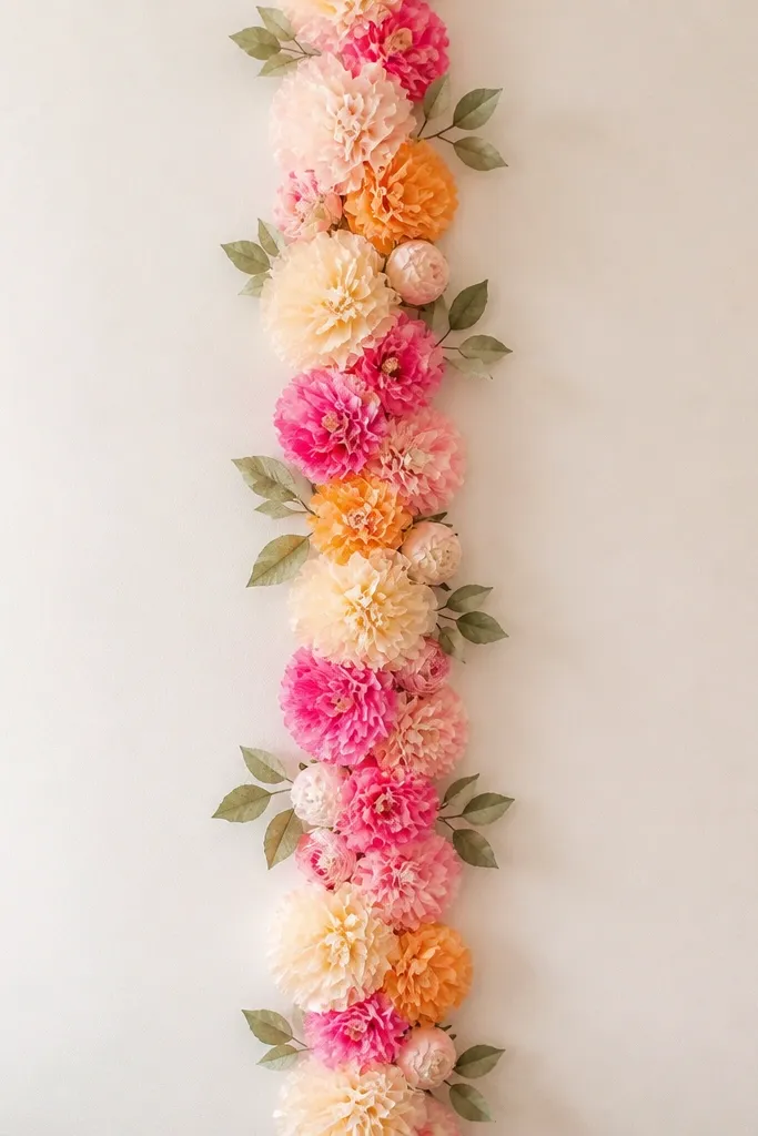 A mostly blank background with a vertical confetti strip running down the center. Tissue flowers and small buds are attached in a tight column, with a few leaves spreading slightly outward. The rest of the wall stays clean.