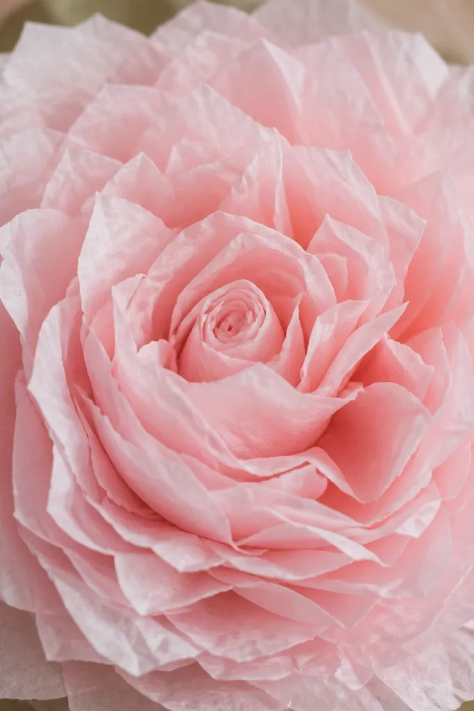 A tissue paper flower peony-style shown in close-up. The petals are layered in a rounded circle, and the center looks tightly pinched with a small rolled bud. The outer edges look slightly ruffled but held upright, not sagging.