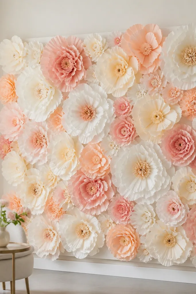 A wall panel made from foam board covered with tissue paper flowers. The flowers are attached to a thin frame grid behind them, and the blooms stand off slightly from the surface. The background is smooth and the flower bases look clean.
