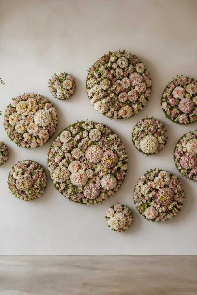 A large wall layout drawing with circles showing flower sizes. The circles are placed in a staggered pattern. Some blooms are larger in the center, smaller at the sides, and the background area is visible only between clusters.