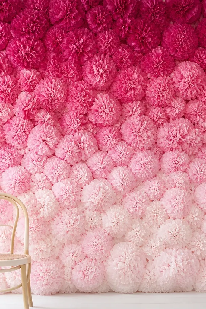 A tissue paper flower wall where colors shift from deep magenta at the top to light blush at the bottom. The flowers are arranged in clusters with similar sizes, and the gradient feels smooth rather than patchy.
