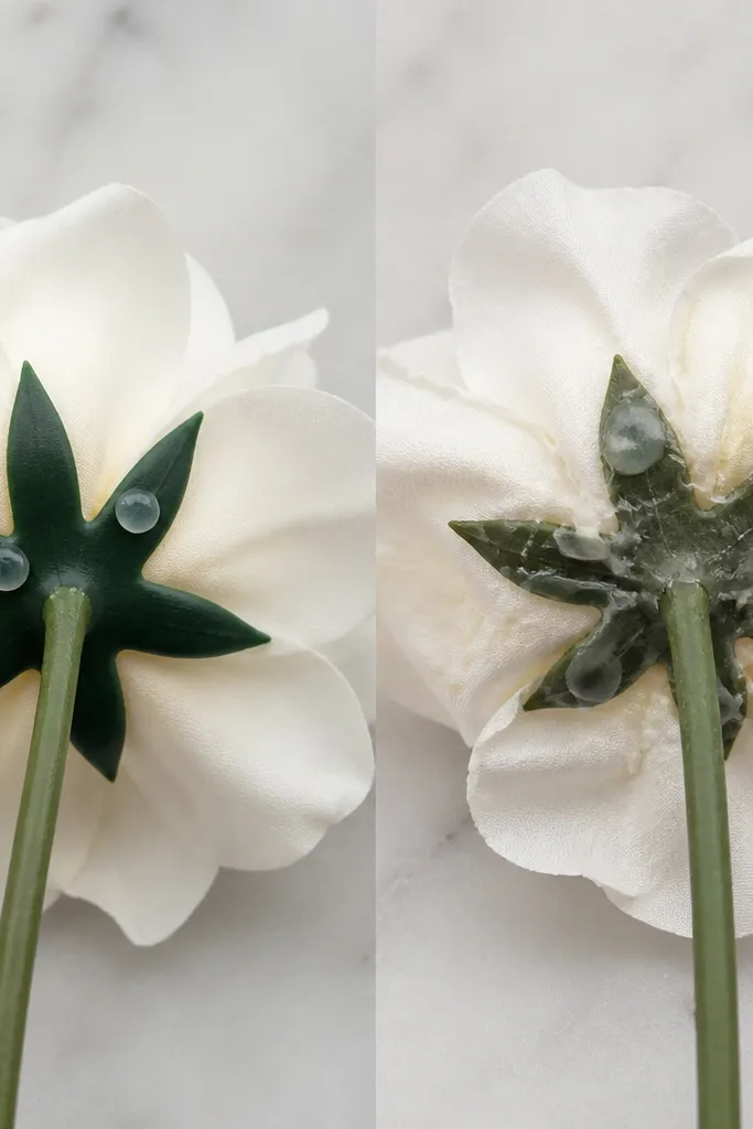 A side-by-side comparison: one flower base is attached with hot glue dots and looks clean. Another has visible glue smears and the petals look slightly warped. The photo highlights the glue placement differences.