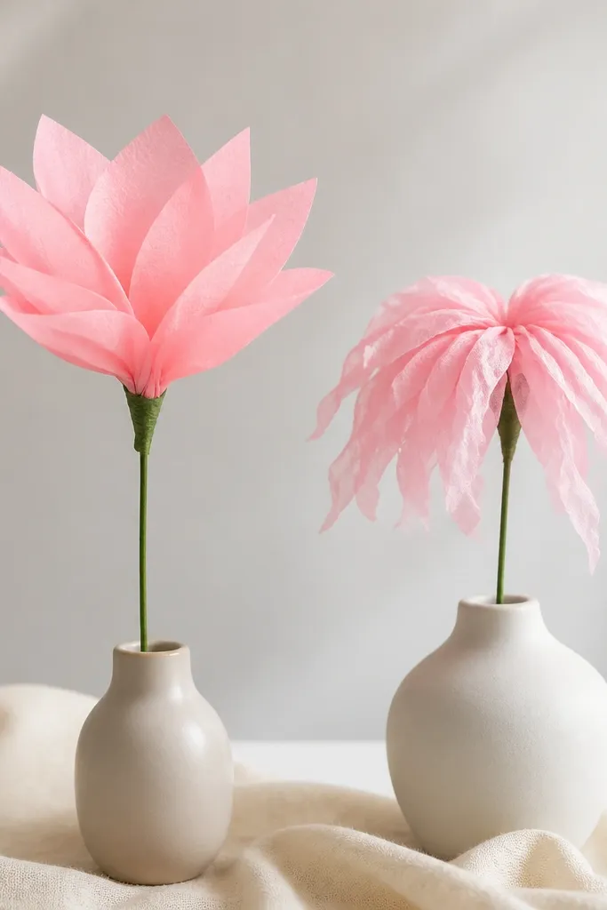A flower made with thicker craft tissue compared to one made with thin tissue. The thicker version stands upright with smooth edges, while the thin one droops at the tips.