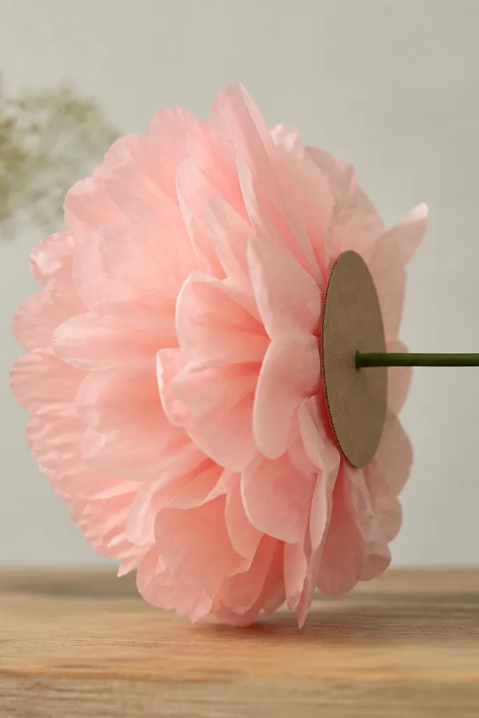 A flower base shown from the side. There's a small round cardboard disc behind the tissue petals where the stem or mounting attaches. The front petals look full and the back looks sturdy.