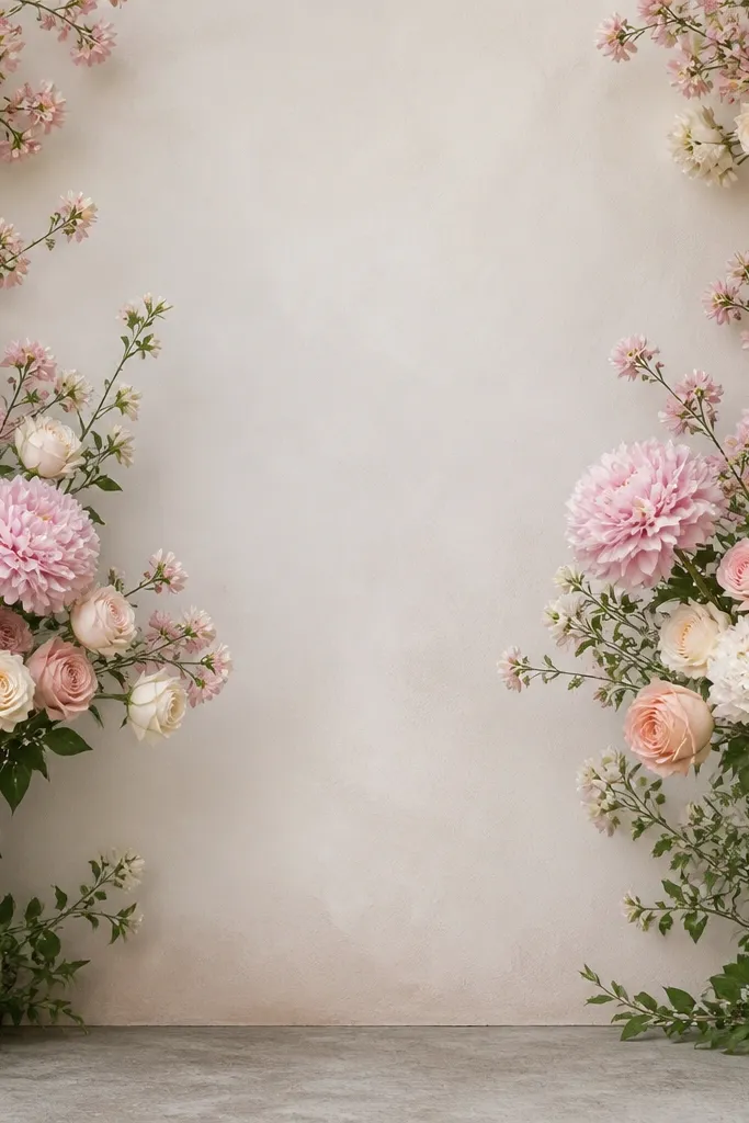 A wall where large flowers sit at shoulder height and smaller flowers fill the upper corners. The arrangement leaves a clear center area for photos.