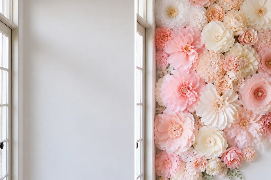 Tissue Paper Flower Wall Before and After Transformation