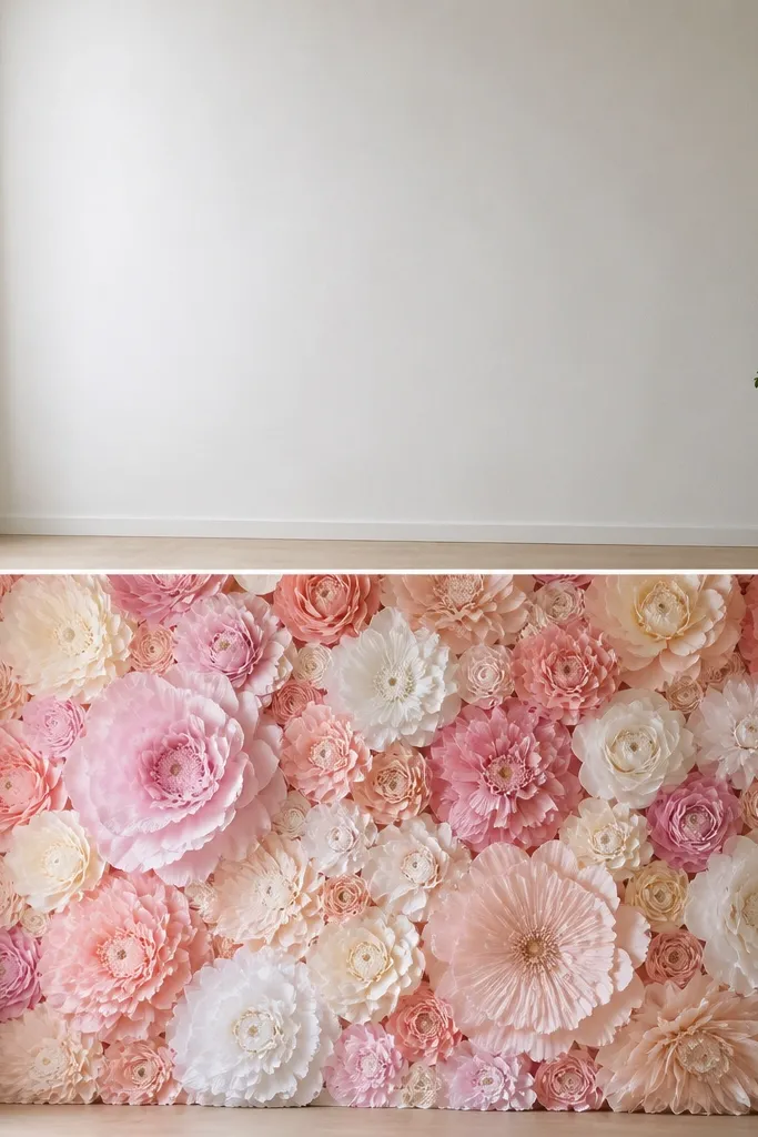 Tissue Paper Flower Wall Before and After Transformation
