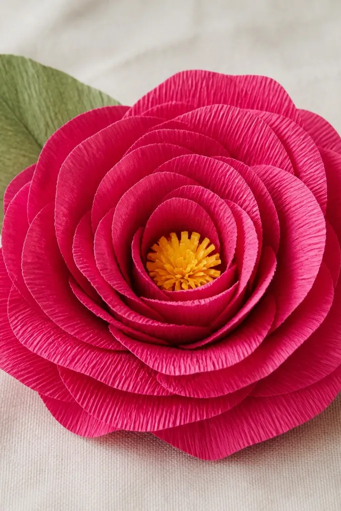 A completed 8-inch tissue paper rose with deep rose-pink petals. The petals have tight horizontal pleats, a compact yellow center, and a soft paper-green leaf tucked behind.