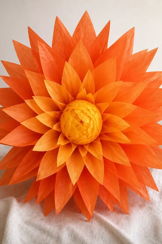 A tissue paper dahlia in warm orange and golden yellow. The petals form a spiky star shape with layered tips, and the center is a tight ball of yellow tissue.