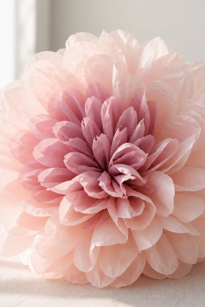 A peony-style tissue flower with soft blush-pink outer petals and a slightly deeper mauve inner layer. The petals are rounded and layered like a flower fan.