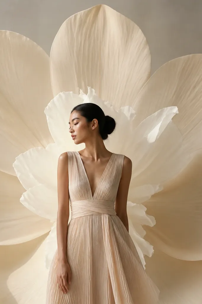 A large backdrop flower with pale cream petals and a slightly sheer white center. The petals are wider and more open, arranged like a moon shape.