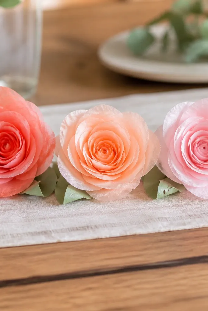 A cluster of 3-inch tissue buds in coral, peach, and pale pink, each with a tight center and small green leaves. They sit in a row on a table runner.