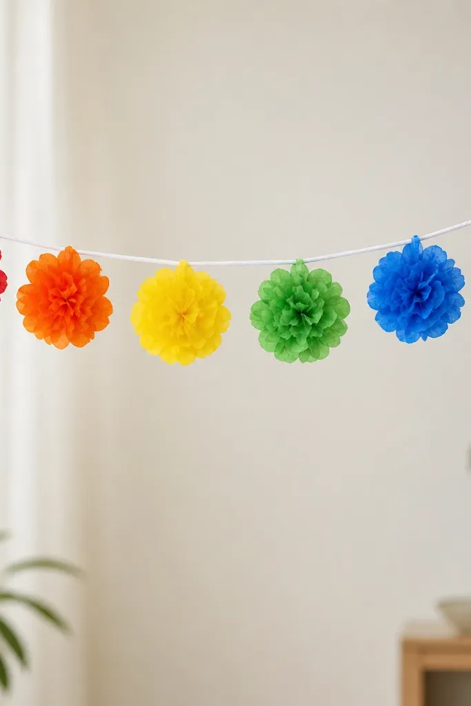 A rainbow garland made of tissue flowers in red, orange, yellow, green, blue, and purple. Each flower hangs evenly spaced along a white string.