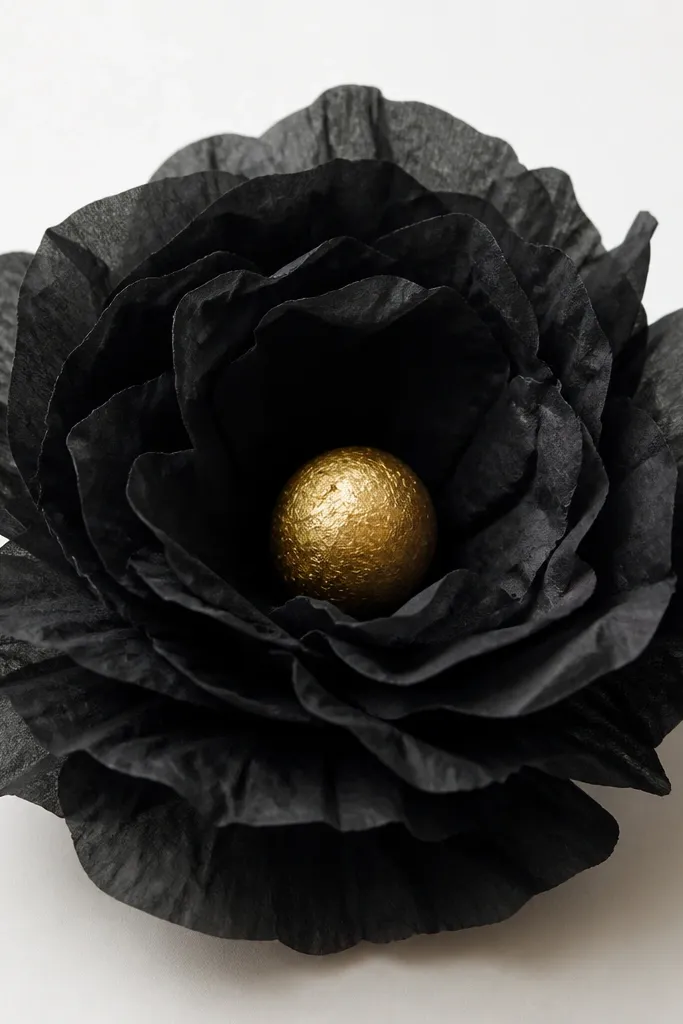 A dramatic black tissue flower with velvety-looking petals and a gold metallic center ball. It's photographed against a light background for contrast.