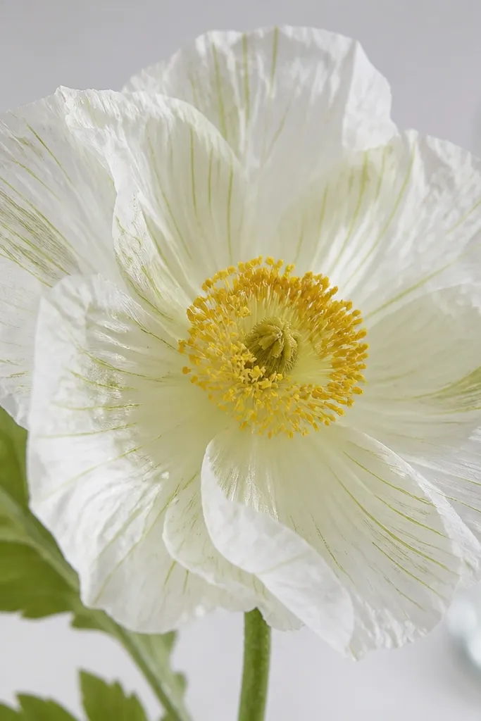 A white tissue flower with pale green streaks on the petals and a yellow center. The green looks like painted veins, not solid blocks.