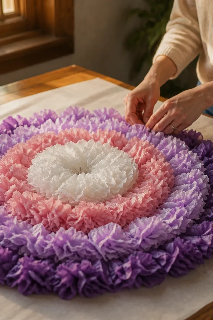 An ombre tissue flower with petals shifting from pale lavender at the top to soft pink at the bottom. The center is white and tightly rolled.