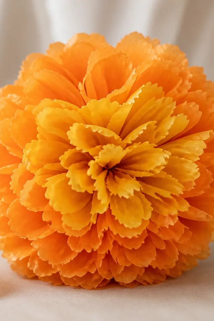 A marigold-inspired tissue flower with layered frilly petals. The petals are warm yellow and orange with scalloped edges.