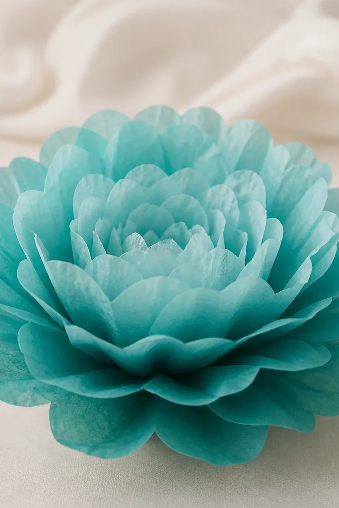A teal tissue flower with three layers of petals. Each layer is staggered in height, with the outer petals taller and the inner petals shorter.