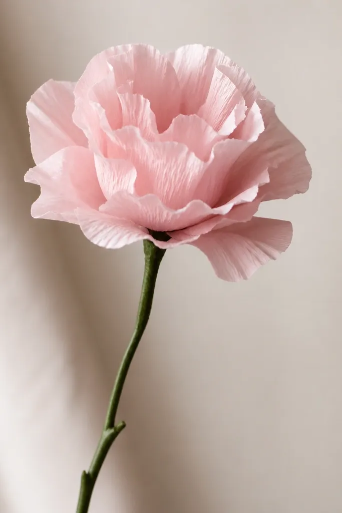 A single tissue blossom attached to a stem wrapped in green floral tape. The petals are pale pink, and the stem looks like a real flower branch.