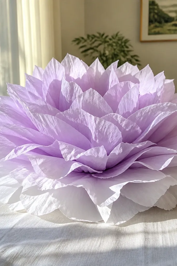A giant tissue flower over 16 inches wide with crisp petal edges. The petals are lavender, and the center is white with a slight yellow tint.