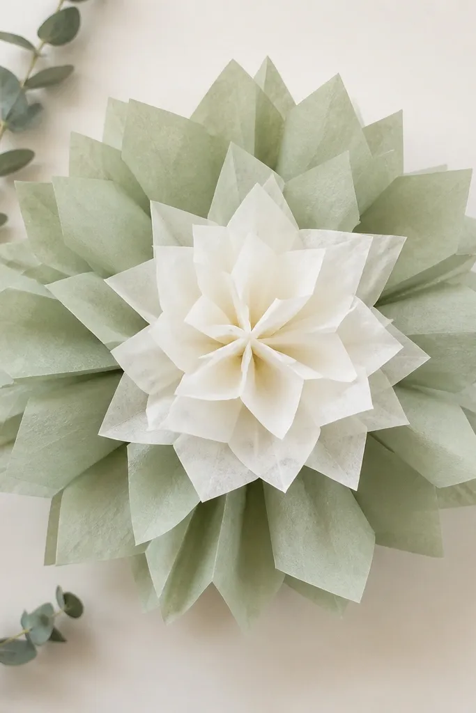 A geometric tissue flower where petals are more square than rounded. The petals are muted sage green with a white center, arranged in a clean star pattern.