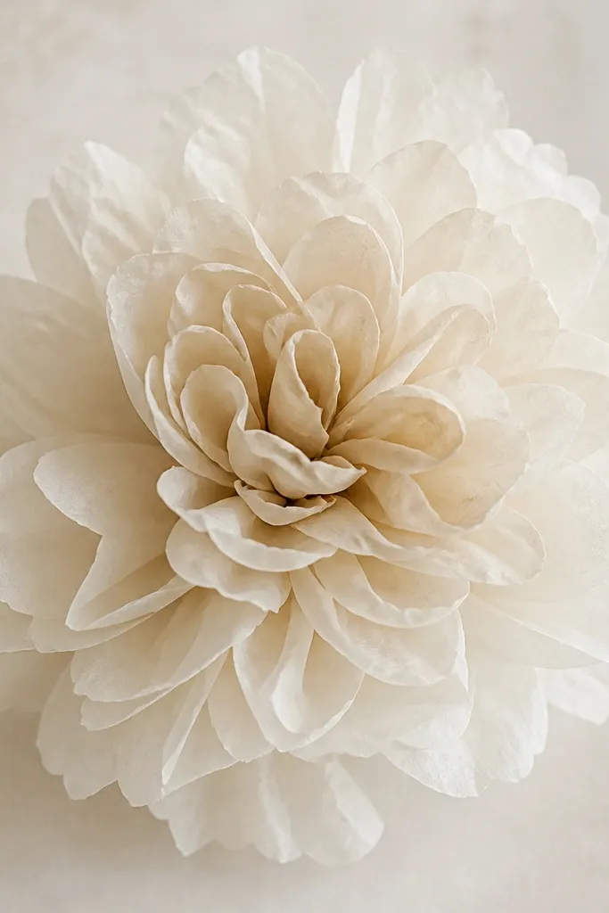 A monochrome tissue flower in warm cream with darker cream inner petals. The center looks layered even though the outer petals are all the same color family.