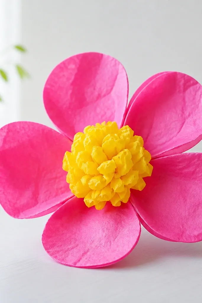 A child-friendly tissue flower with simple rounded petals in bright pink and yellow. The petals are fewer and thicker, and the center is a pom-pom made from crumpled tissue.