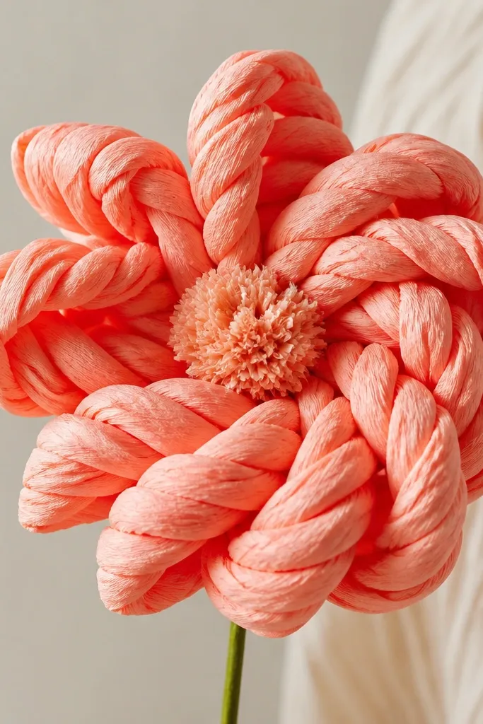 A textured tissue flower where petals look twisted and rope-like. The petals are coral, and the twist pattern creates a spiral effect around the center.