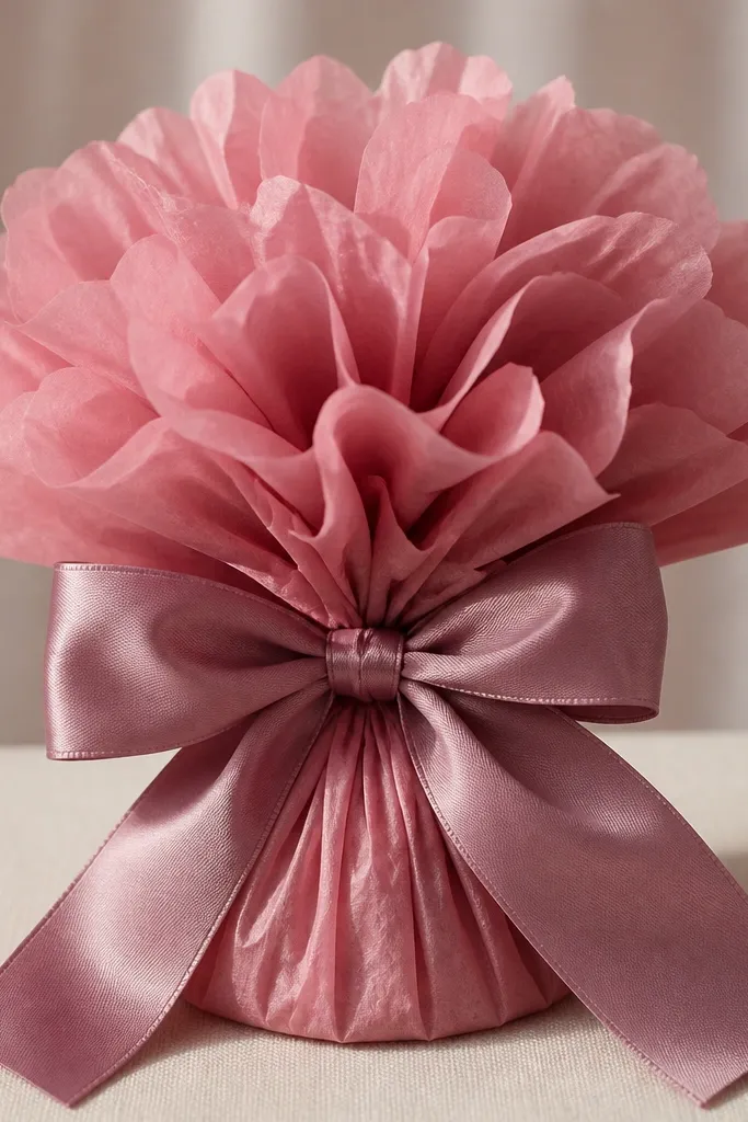 A tissue flower with a satin ribbon bow collar around the base. The petals are dusty rose, and the ribbon is dusty mauve with a soft sheen.