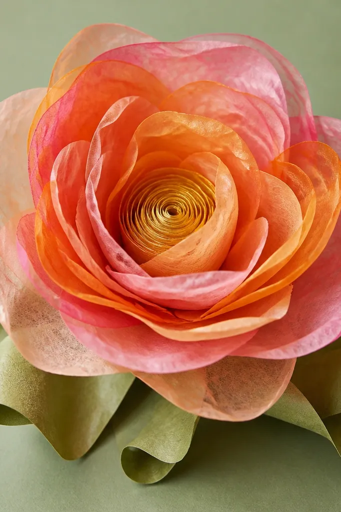 A tissue paper flower with translucent-looking petals. Each petal is made from layered tissue in amber, peach, and soft pink, with the edges rolled inward so the colors show like stained glass windows. The center is a tight spiral of gold tissue, and the flower sits on a flat green base with a few curled leaf shapes.