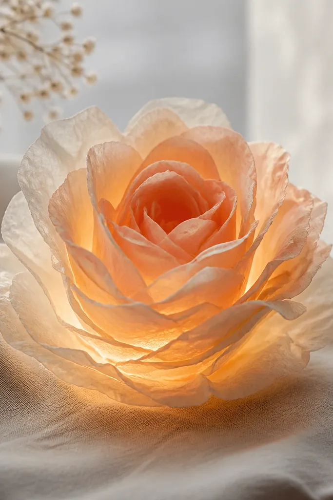 A small 6-inch tissue rose with peach and pale cream layered petals, lit from inside so the center glows softly like a warm lantern.