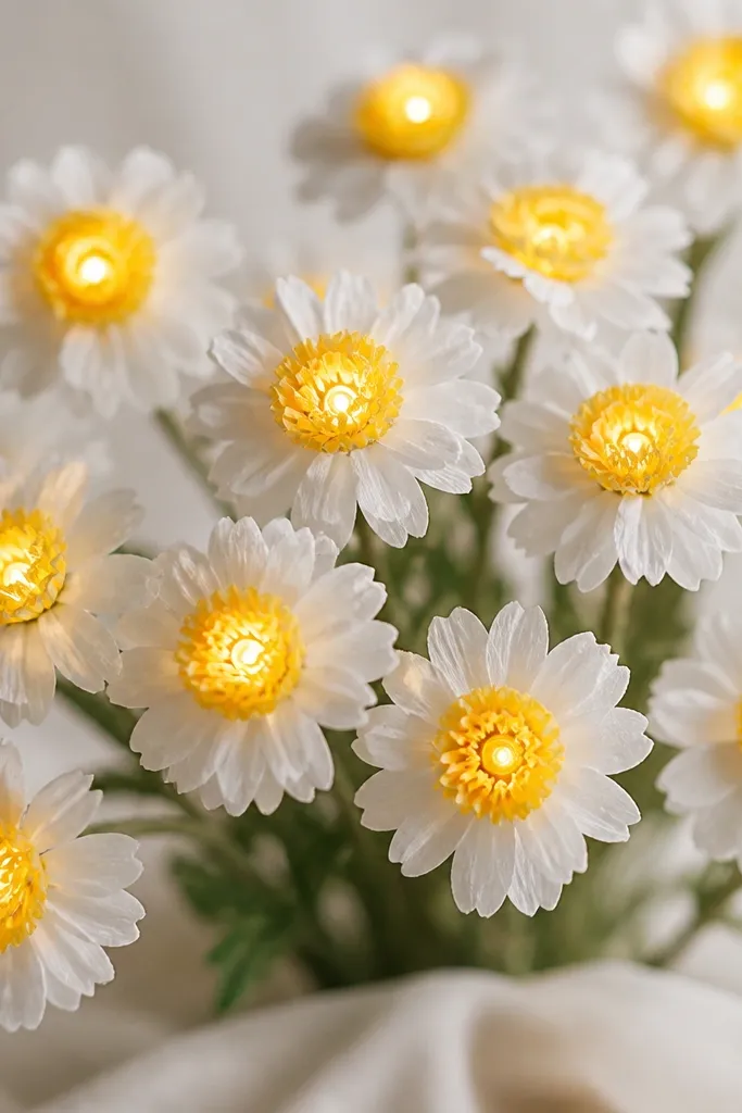 A cluster of small white tissue daisies, each with curled yellow tissue petals around a warm yellow LED center that looks like a tiny sun.