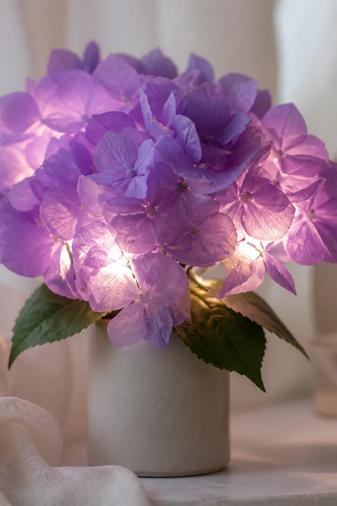 A small bunch of purple tissue hydrangea flowers with a soft, cloudy glow, LEDs hidden at the base and lighting the layered petal clusters.