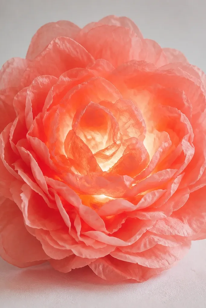 A coral peony-style tissue flower with many layered petals, LEDs hidden behind the inner petals creating a soft halo around the center.